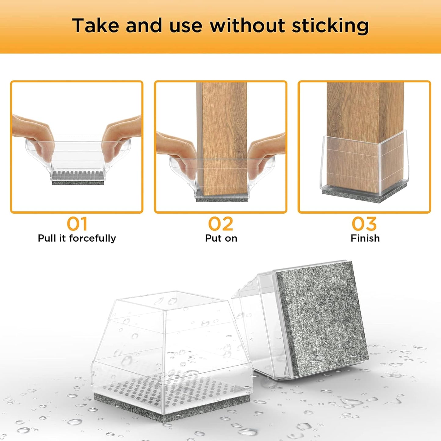 Square Chair Leg Protectors for Hardwood Floors,16 Pcs Silicone Felt Furniture Legs Caps to Prevent Floor from Scratches and Reduce Noise, Easy to Move,1.3-1.54",Clear.