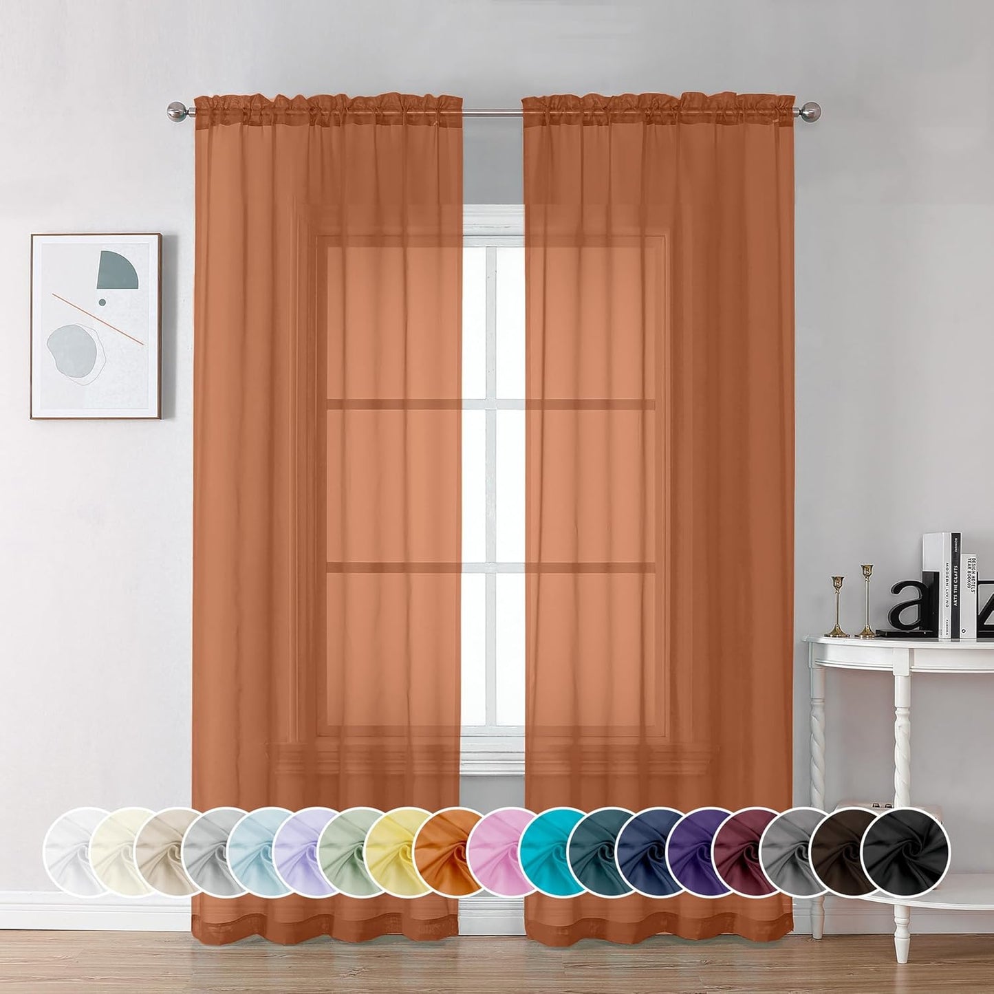 Chyhomenyc Burnt Orange Sheer Curtains 84 Inch Length 2 Panels, Light Filtering Soft Airy Voile Rod Pocket Sheer Window Drapes for Bedroom Living Room, Each 42Wx84L Inches