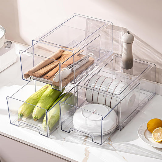 PeJeyiee Clear Stackable Refrigerator Organizers and Storage Drawers - Pull-Out Fridge Bins with Anti-Slip Base & Easy Clean, Plastic Organizers for Kitchen Pantry Cabinet Closet ﻿ (2XL)
