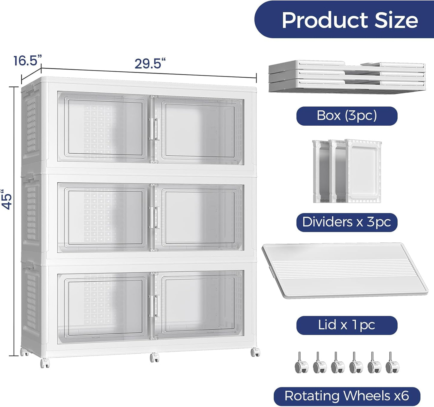 120GAL Extra Large Storage Bins with Lid, 480Qt Stackable Closet Organizers and Drawers, Collapsible Storage Bins with Wheels, Folding Storages Cabinet for Home Bedroom Office, 3Pack White