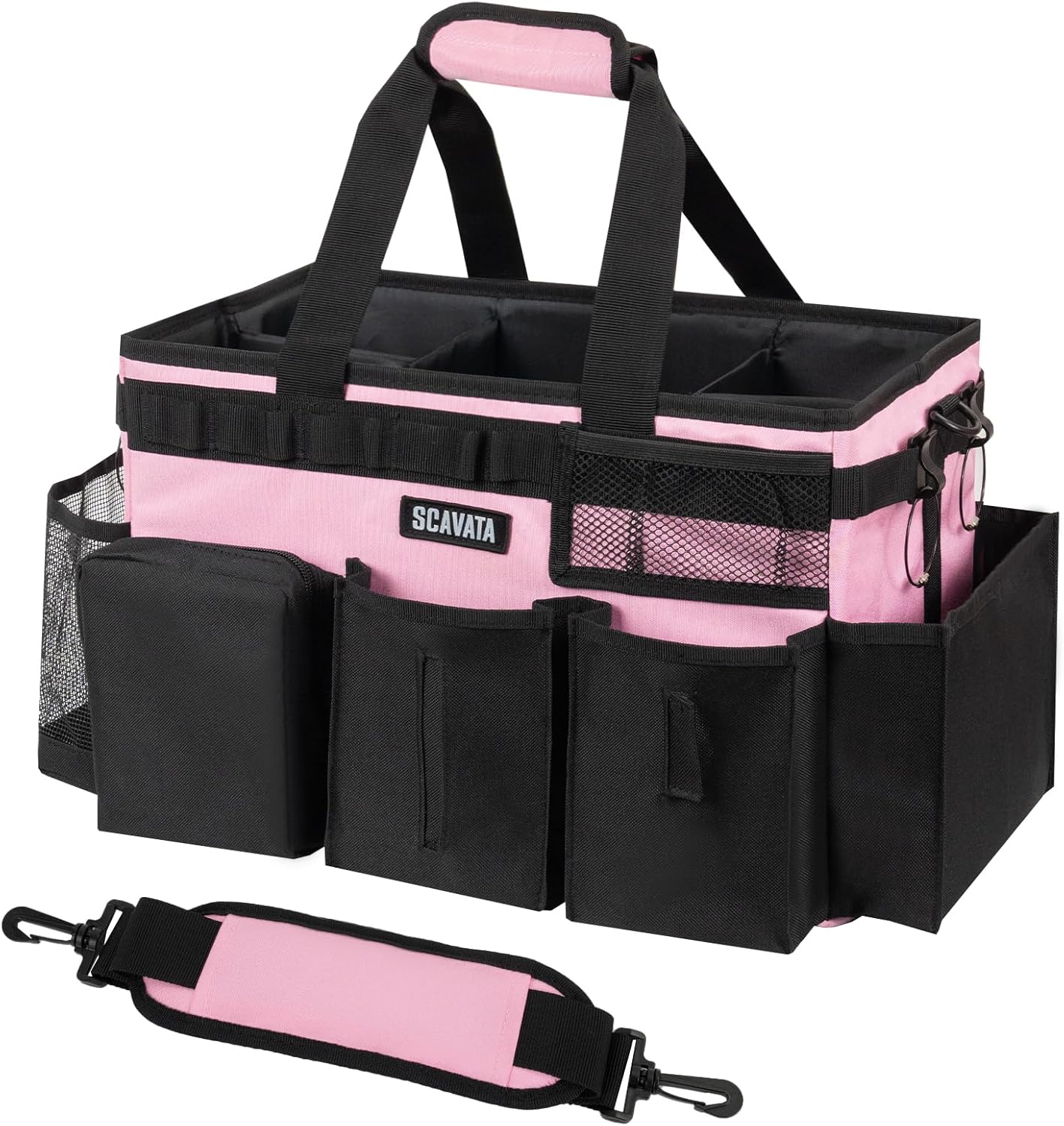 Wearable Cleaning Caddy Bag, Cleaning Caddy Supplies Organizer with Handle & Shoulder Straps for Housekeepers, Under Sink & Car Cleaning Tool Organizers with 4 Foldable Divider (SweetPink)