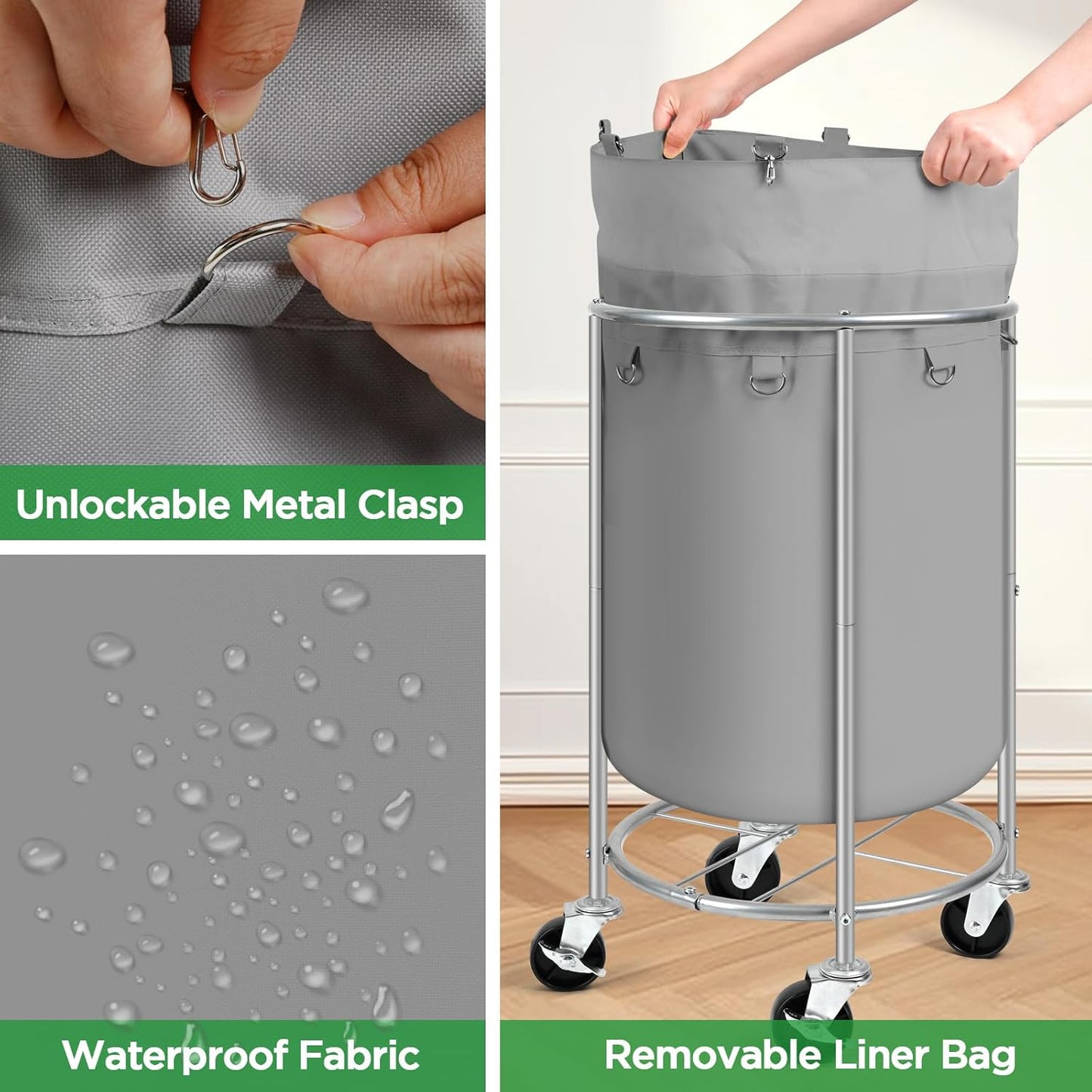 Laundry Hamper with Wheels, 100L Round Rolling Laundry Basket Sorter with Removable Bag, Clothes Cart Organizer with Steel Frame for Bedroom, Bathroom, Laundry Room, Grey