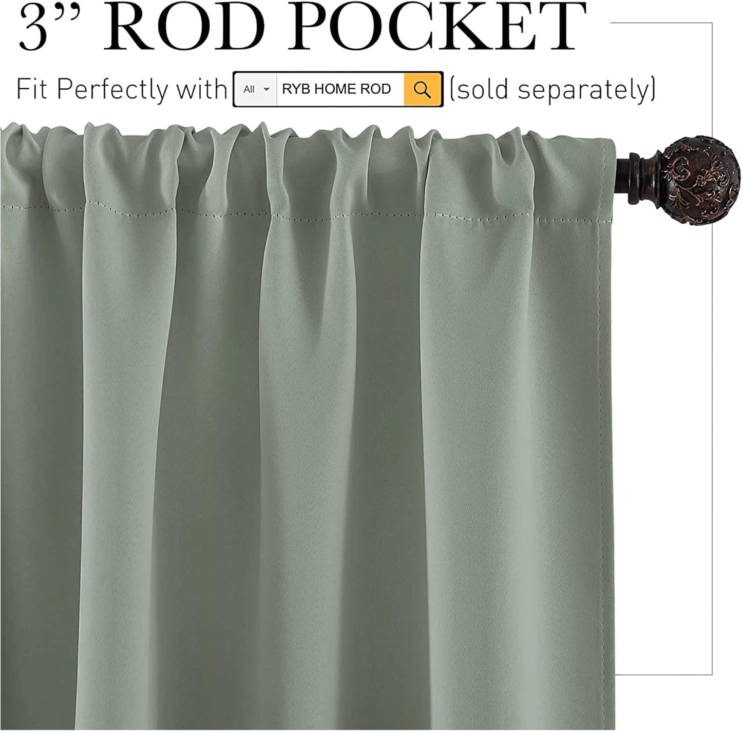 RYB HOME Small Window Curtains with Rod Pocket Design, Blackout Privacy Curtains Drapes Energy Efficient Covering for Closet Pantry, W29 x L 36 inches, 2 Panels, Grayish Green