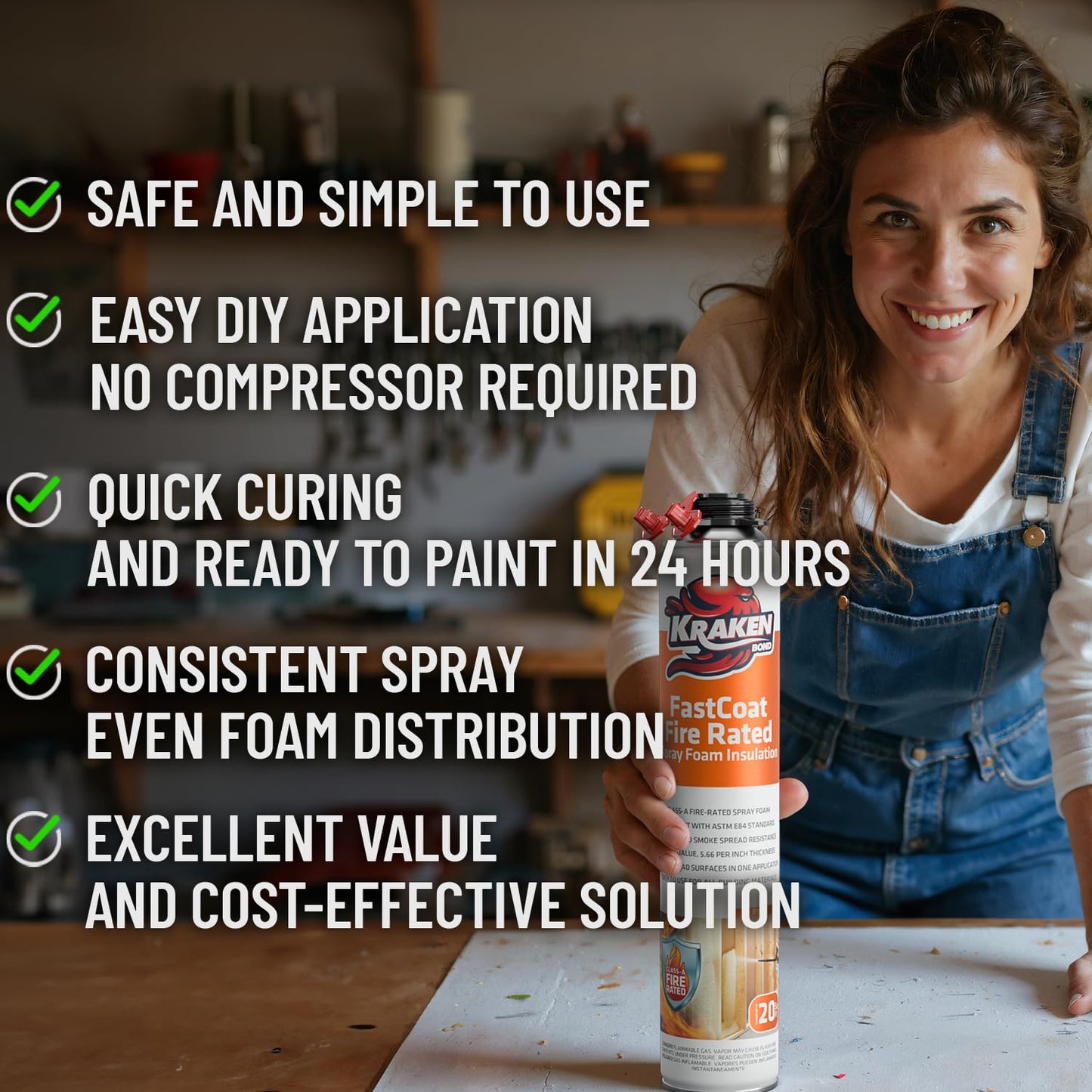 Kraken Bond Fastcoat Fire Rated Spray Foam Insulation Kit Closed Cell in a Can 20 sq ft (1x27.1 oz.) (R-Value 11.32 / 2in) - Spray Foam for Garage Door, Attic, Wall Gun & Cleaner Not Included, 1 Pack