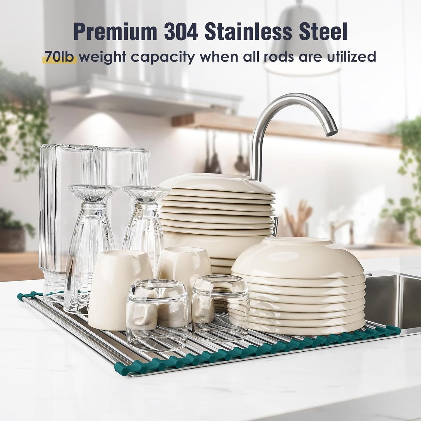 Tomorotec Stainless Steel Roll Up Dish Drying Rack, Foldable Over The Sink Rolling Drainer Rack, Multipurpose Kitchen Gadget Draining Caddy Organizer, Space Saving Sink Accessory Storage Shelf Holder