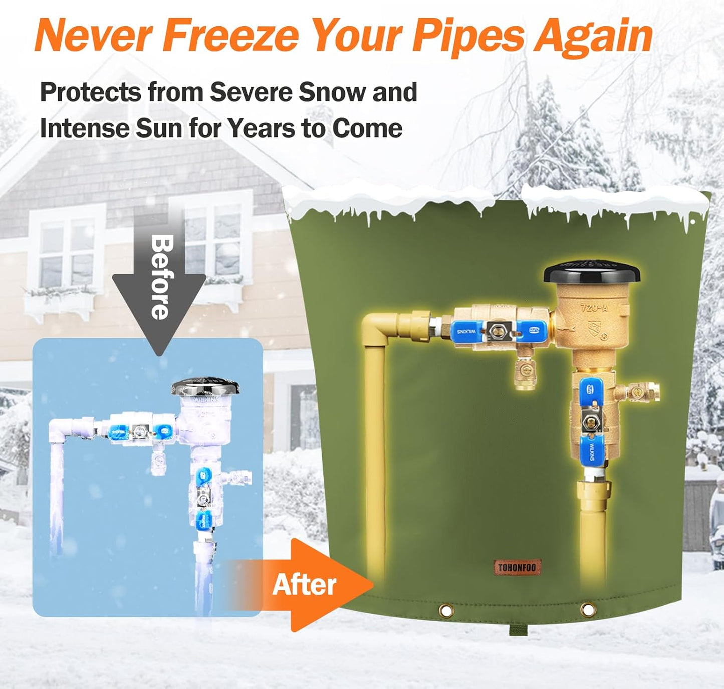 TOHONFOO Backflow Preventer Pipe Insulation Cover (5°F) - Irrigation Sprinkler Valve Insulated Pouch - Water Well Pump Cover - Sturdy 5 Layers for Winter Freeze Protection, 24" W x 26" H, Green