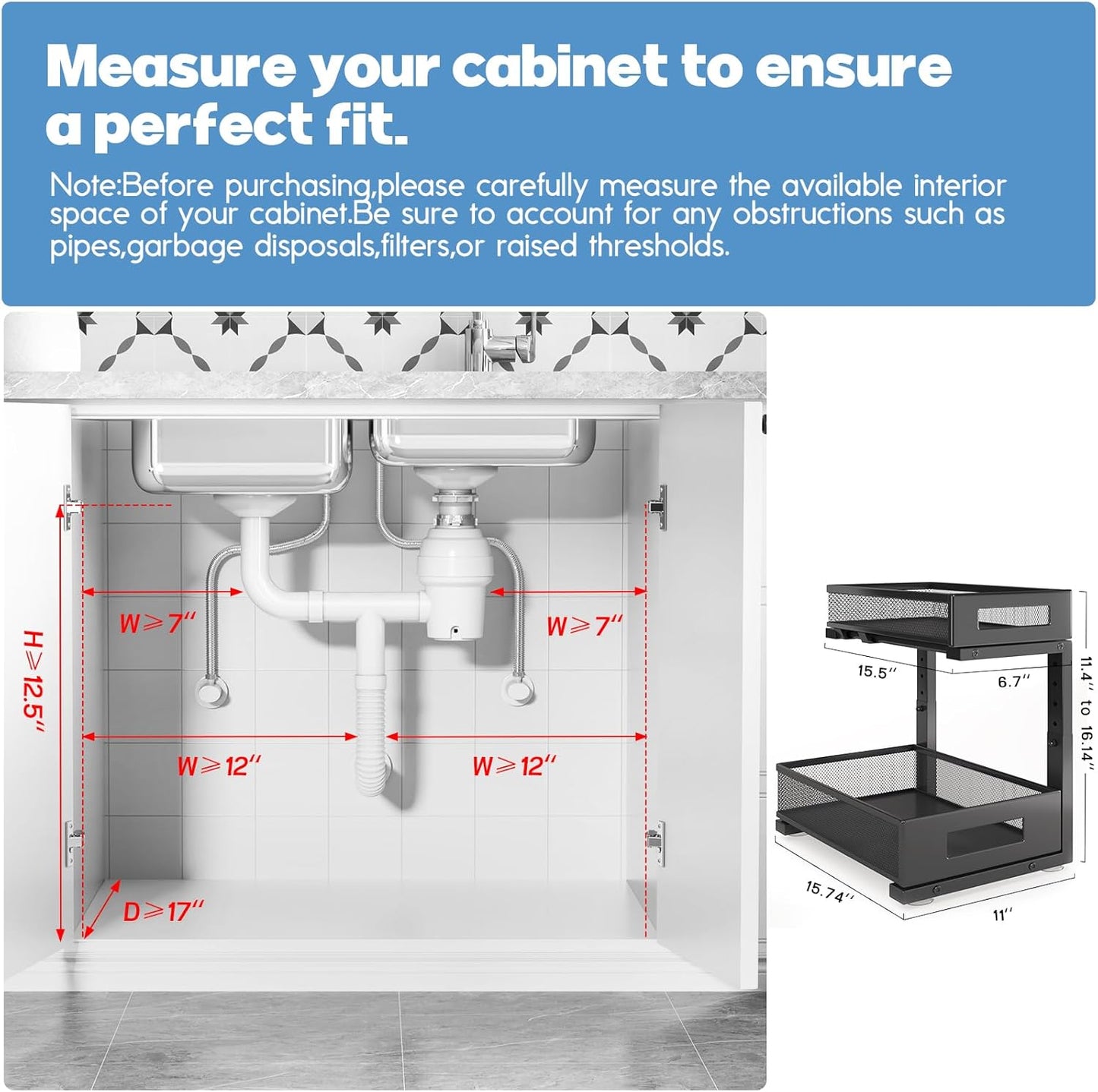 1 Pack-11.4"-16.14"H Under Sink Storage Organizer, Large 2-Tier Elegant Mesh Pull Out Shelf for Kitchen and Bathroom Cabinet Organization, L-Shaped and Adjustable Height Design for Maximum Space-Black