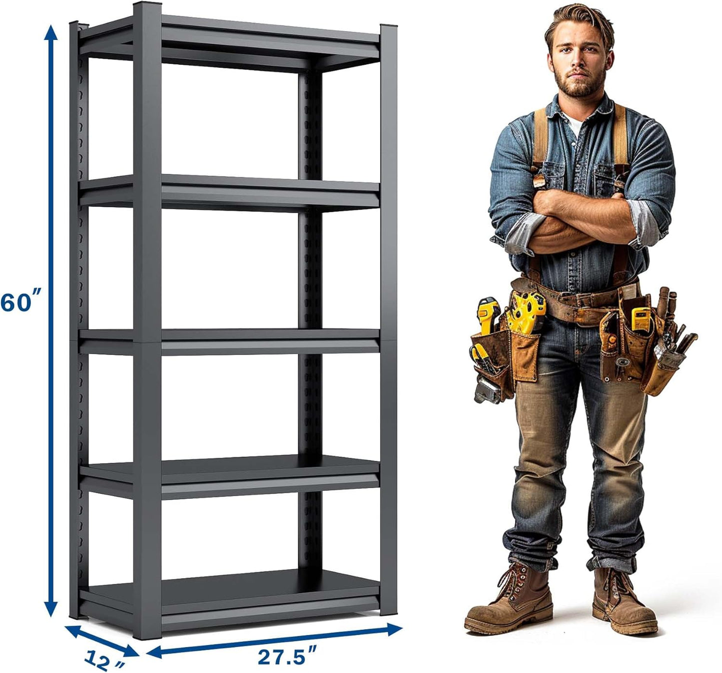 Heavy Duty Garage Shelving, Metal Storage Shelves, Adjustable 5 Tier Metal Shelving Unit, Industrial Utility Rack for Garage, Warehouse, Workshop, 12" D×27.5" W×60" H, Black