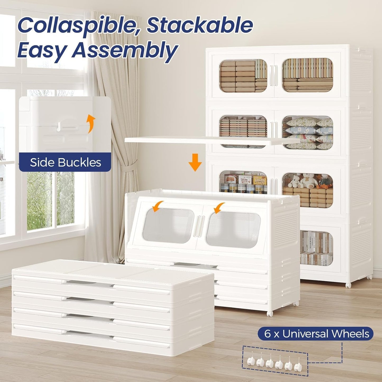 150GAL Extra Large Storage Bins with Lid, 600QT Storage Bins with Wheels, Folding Closet Organizer, Stackable Collapsible Plastic Storage Containers for Home, Office, Dorm, 3Pack White