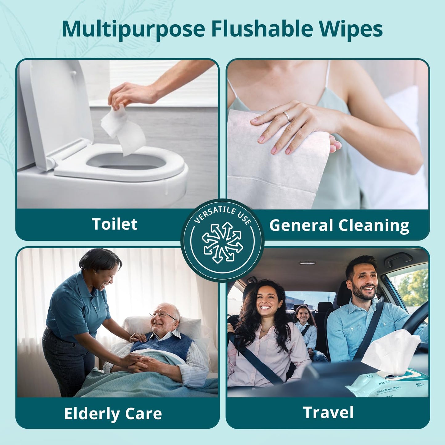 WhyWorry Flushable Wipes for Adults, Extra Large 8"x10" Butt Wipes for Personal Hygiene & Cleansing, Chamomile and Vitamin E, 100% Plant-Based, Septic & Sewer Safe, Unscented, 384 Count (8 Packs)