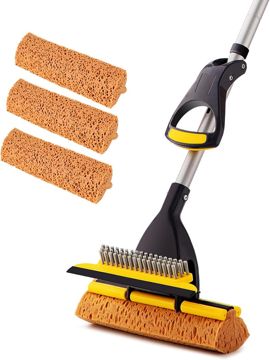 Yocada Sponge Mop Home Commercial Use Tile Floor Bathroom Garage Cleaning Total 3 Sponge Heads Squeegee and Extendable Telescopic Long Handle 42.5 to 52 Inches Easily Dry Wringing Only 3 Heads