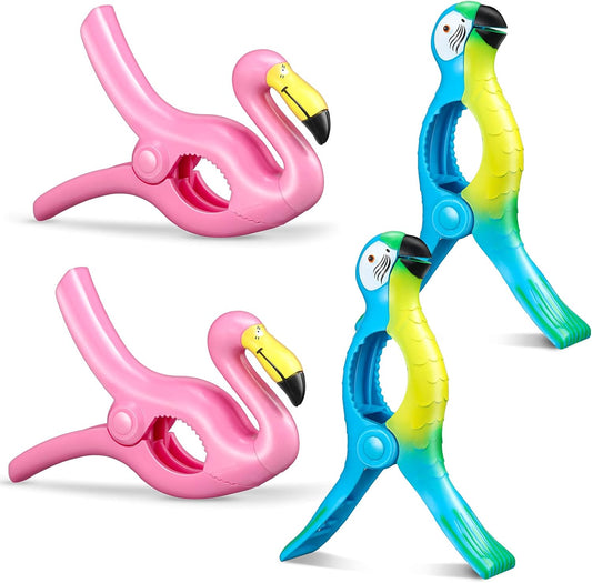4 Pieces Beach Towel Clip Jumbo Size Chair Clips Towel Holder Clothes Pegs Christmas Stocking Clamp for Cruise Patio Pool Holiday Vacations(Parrot, Flamingo,Blue, Pink)