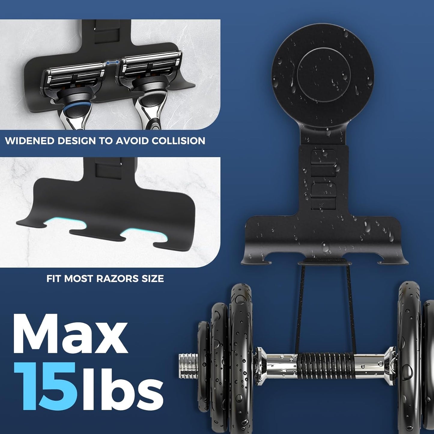 Suction Cup Razor Holder for Shower Wall 2 Pack,Heavy-Duty 15lbs Suction Hooks for Razor,Towel,Phone,Loofah, Removable Damage-Free Metal Shower Hook,Shaver Holder(Black)