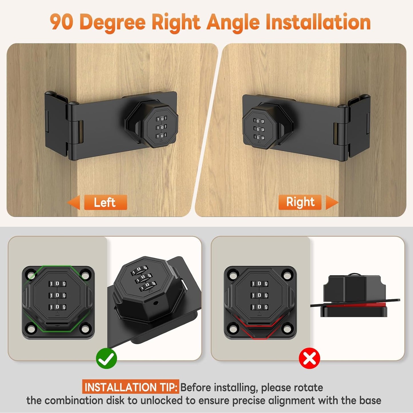 90 Degree 3-Digit Combination Cabinet Lock, Zinc Alloy Keyless Folding Hasp Lock Latch, Password Security Rotary Door Latch for Office File Cabinet, Drawer, Locker, Cupboard (1, Black)