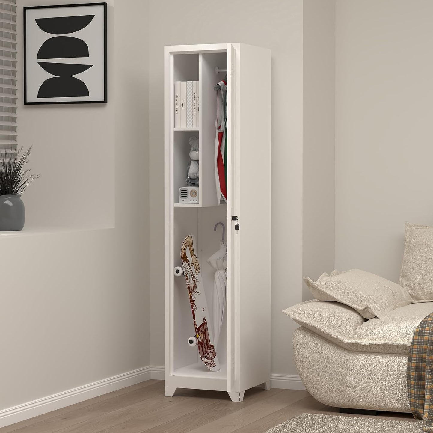 Slim Broom Storage Cabinets, Metal Cabinet with Shelves and Hanging Rod, 65" Utility Storage Cabinet with Locking Door, Tall Cleaning Cabinets for Kitchen, Pantry, Office, Shop, Garage