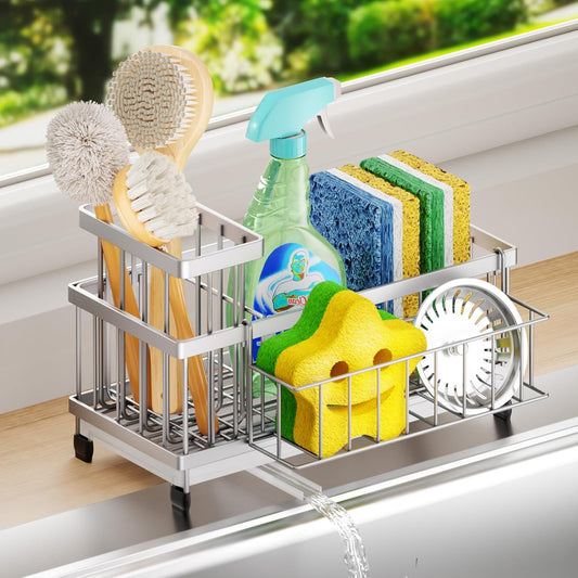 SWTYMIKI Sink Caddy Sponge Holder - Large Sponge Holder for Kitchen Sink with 360°Auto-Drain Tray, Rustproof Stainless Steel Kitchen Organizer Caddy for Countertop Organization