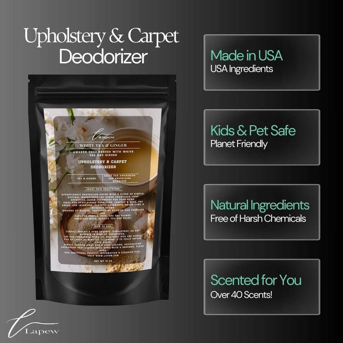 White Tea & Ginger Carpet Freshener Powder: Powerful Odor Eliminator for Home, Upholstery Deodorizer, Carpet Deodorizer, Pet Urine, Cat Litter Box - White Tea & Ginger Fragrance.