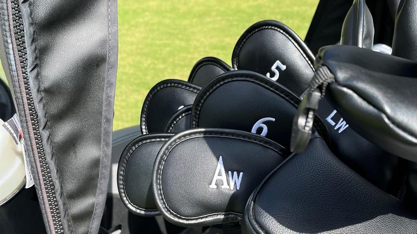 Premium Magnetic Leather Iron and Wedge Golf Club Head Covers | Set of 10 | Fits Most Clubs | Embroidered Club Label on Both Sides of Club Head Cover