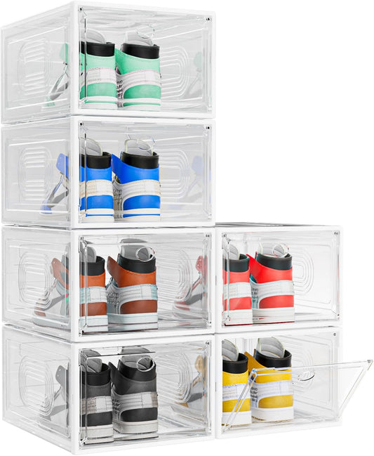 6 Pack Thicken Shoe Organizer Stackable,Upgraded Sturdy Shoe Storage Box with Magnetic Door,Shoe Containers for Sneaker Display,White
