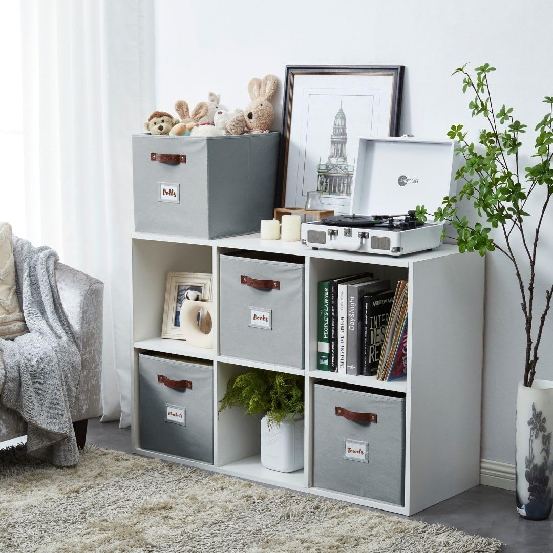 DECOMOMO Storage Baskets, 13x15x13 Storage Cube Bins with Labels for Organizing Shelves Kallax (Kallax / 4pcs, Grey)