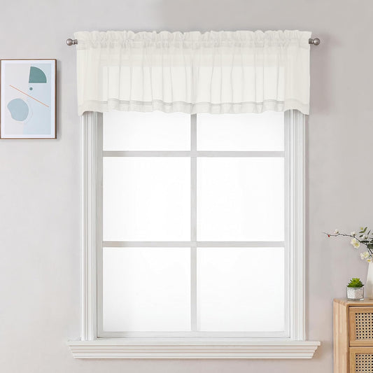 Chyhomenyc Sheer Ivory Valances for Windows 2 Pack, Small Window Curtains for Living Room Bathroom Cafe Laundry Basement, Modern Top Dual Rod Pocket Voile Curtain, 42W x 18L inches, Ivory