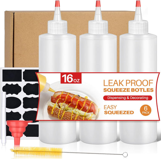 Sopito Squeeze Bottles, 16oz Plastic Condiment Squeeze Bottles with Labels & Funnels & Brusher for Liquids Sauces Ketchup Oil, 3 Pack