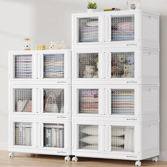 BROVIEW 140Gal Stackable Storage Bins with Lids & Wheels, 560Qt Plastic Collapsible Closet Organizer and Storage Drawers, Storage Boxes Cabinets for Home, Office, 7 Pack, White