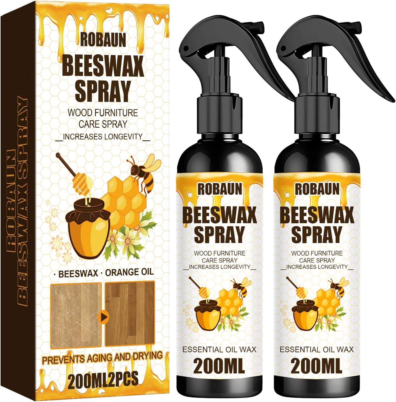Beeswax Spray Furniture Polish, Wood Cleaner, Wood Floor Polish - For Living Room, Kitchen and Wooden Furniture Floors (Pack of 2) 200 ml