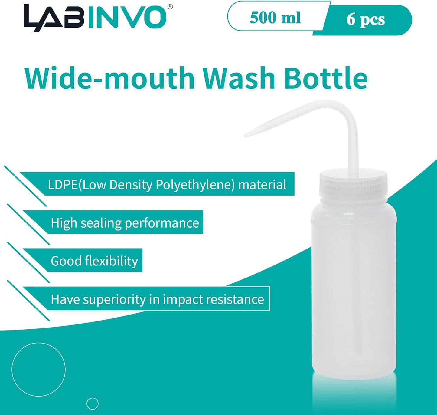6pcs of Economy Wash Bottles, Vol.500ml (17oz), Wide-Mouth, Self-Venting Safety Wash Bottles, LDPE Material, IN-WBW500