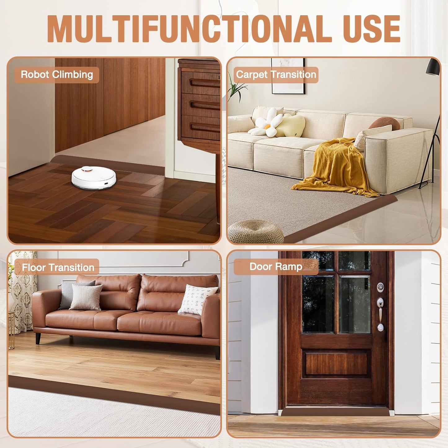 Floor Transition Strip Self Adhesive Vinyl Door Threshold for Doorways Carpet Edging Trim Overlap Edge Reducer for Laminate Floor, Carpet, Tile (Brown, 2/5" to 3/5", 10Ft)