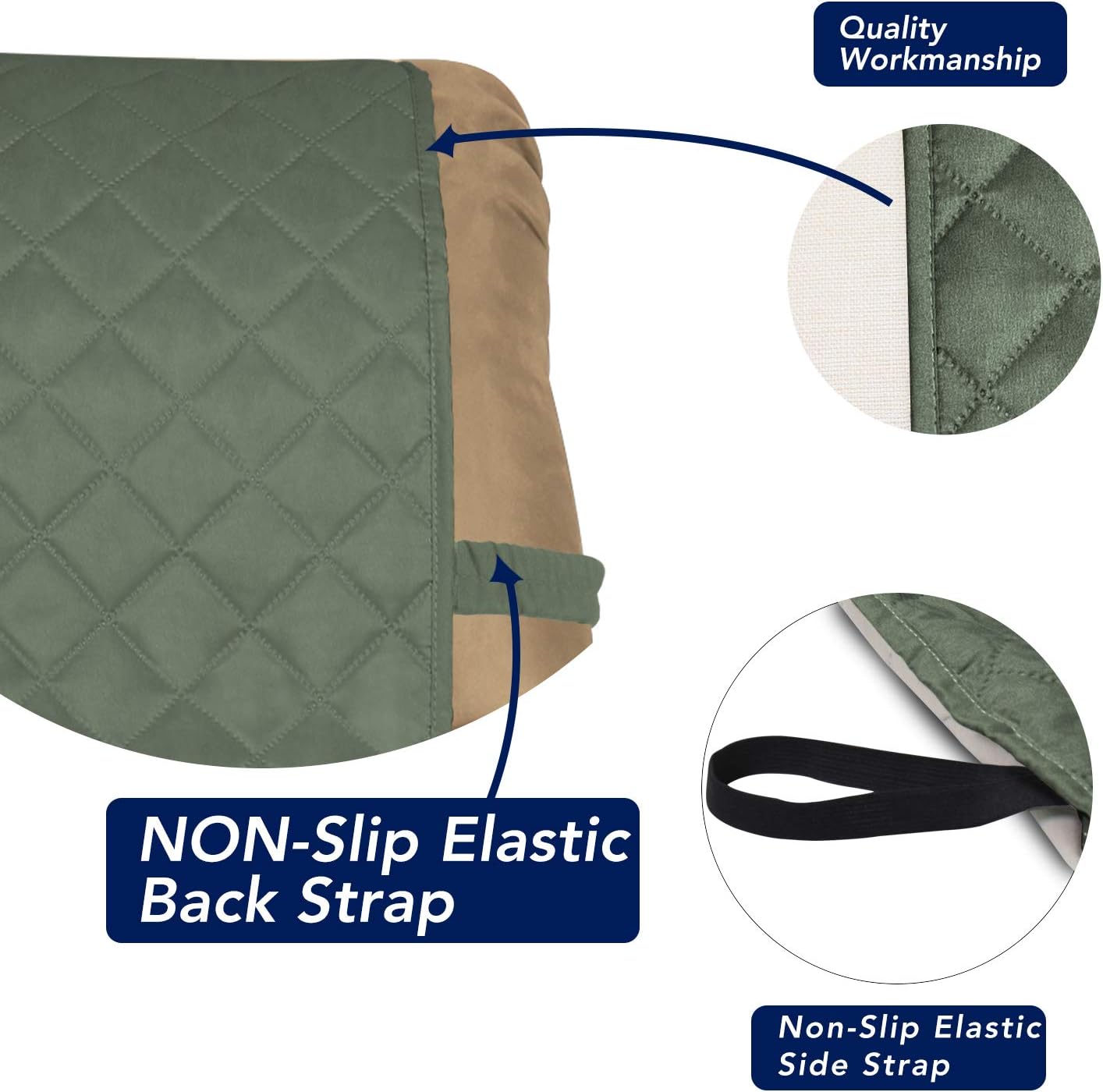 PureFit Reversible Quilted Recliner Sofa Cover, Water Resistant Slipcover Furniture Protector, Washable Couch Cover with Elastic Straps for Kids, Dogs, Pets (Small, Greyish Green/Beige)