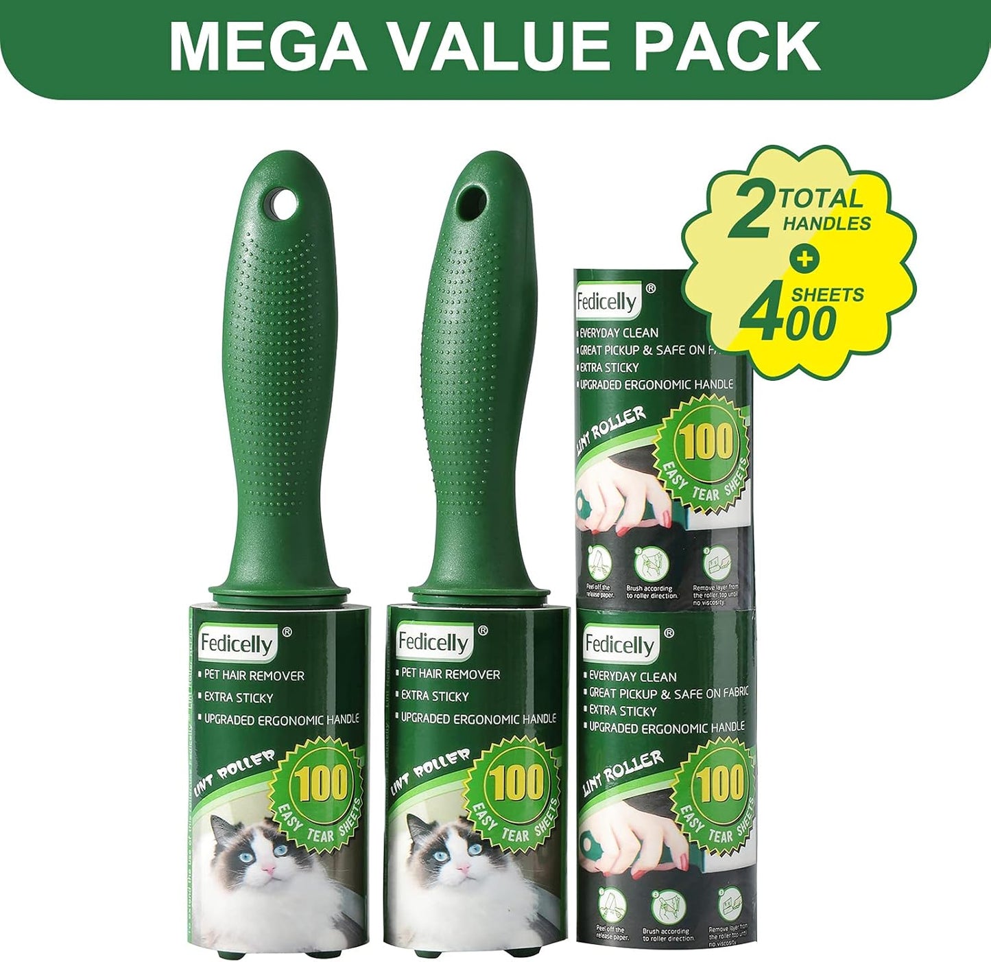 Fedicelly Extra Sticky Lint Rollers Pet Hair Remover for Laundry Clothes Furniture Carpet,Total 400 Sheets Lint Rollers Refills Dog Cat Hair Lint Remover Brush Couch