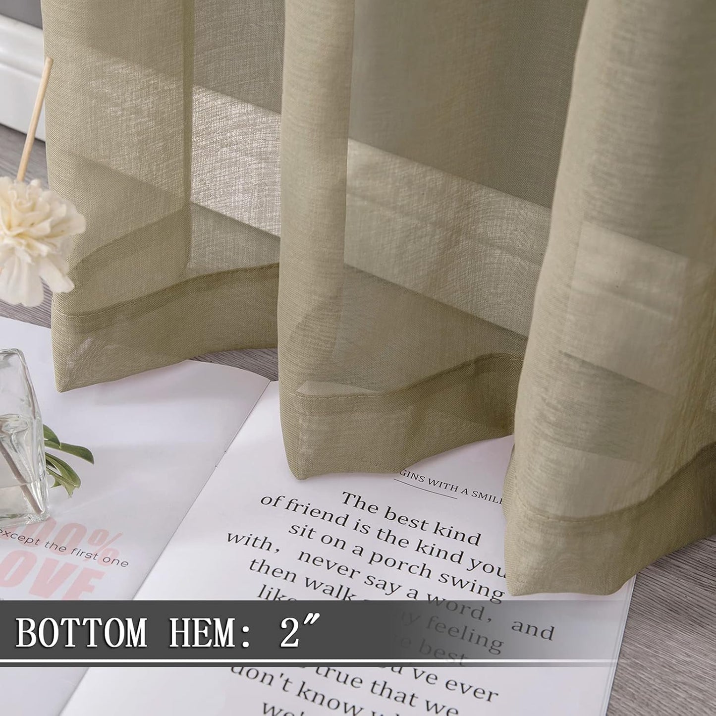 Tollpiz Short Sheer Curtains Living Room Linen Textured Curtain Sheers Light Filtering Voile Rod Pocket Curtains for Bedroom, 38 x 45 inches Long, Taos Taupe, Set of 2 Panels