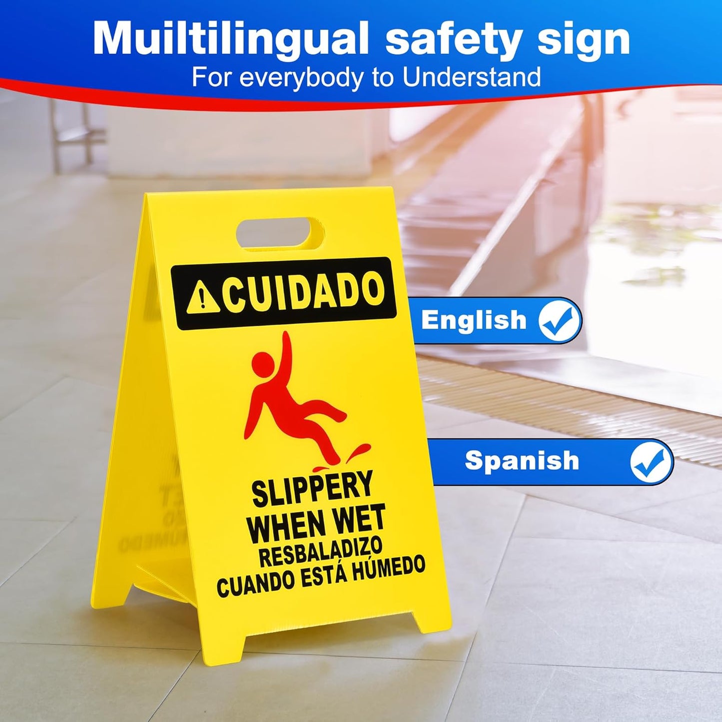 MATTHEW CLEANING 19'' Industrial Wet Floor Sign 3 Pack 2-Sided Durable Corrugated Plastic Birght Yellow Multilingual Warning Signs Commercial Caution Wet Fold-out Floor Signs For Indoors
