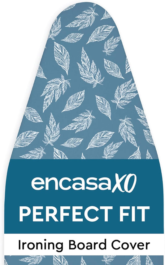 Encasa XO Ironing Board Cover and Pad 57"x22" - Thick 3mm Felt Padding, Drawstring Tightening & Lock, Easy Fit, Scorch & Stain Resistant, Fits X-Large Ironing Board - Big Leaves Blue