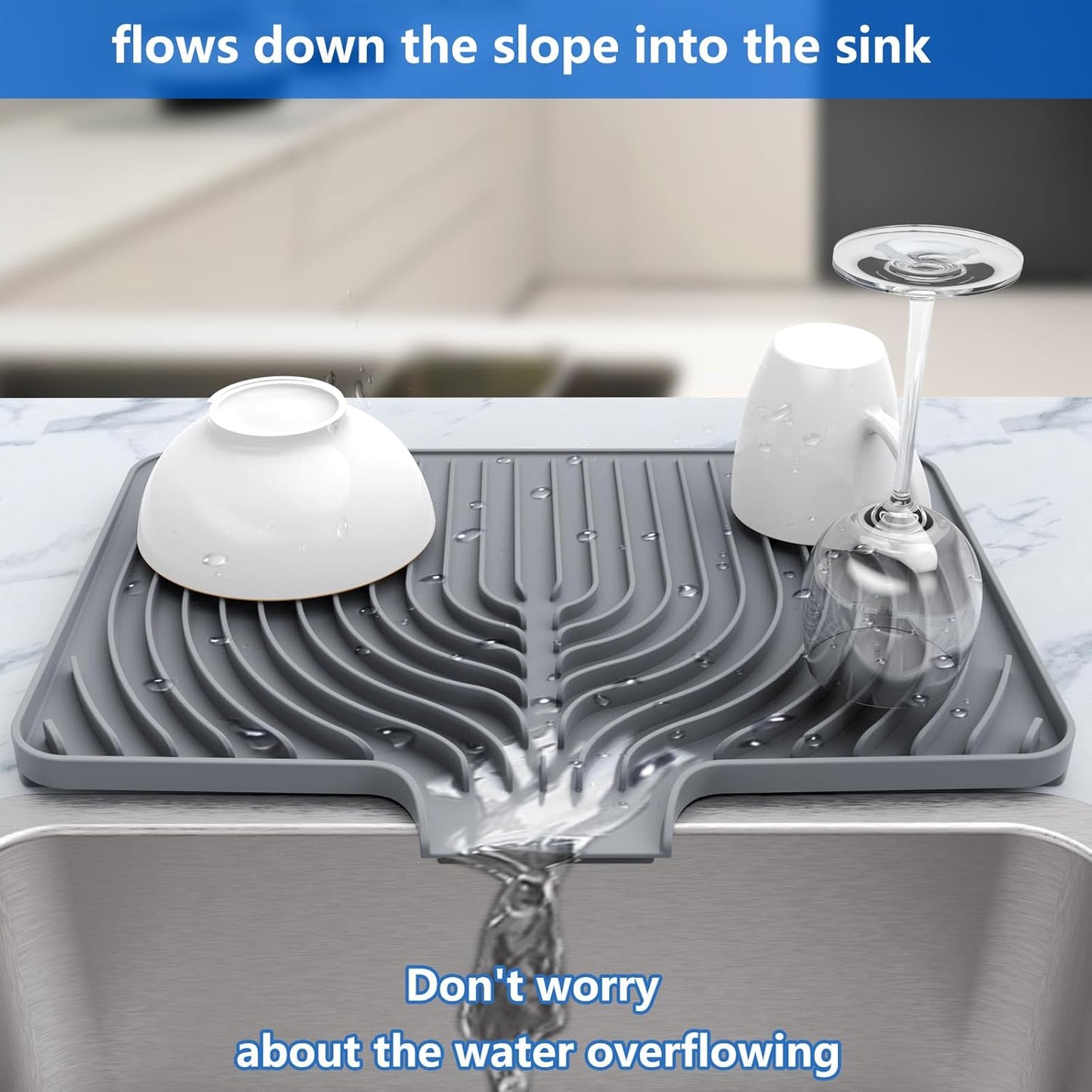 Kitchen Drying Mat for sink with a bulged edge,18"×12"Silicone Dish Drying Mat with built-in Drain Spout, Rubber Dish Mat for Kitchen (18"×12"gray)