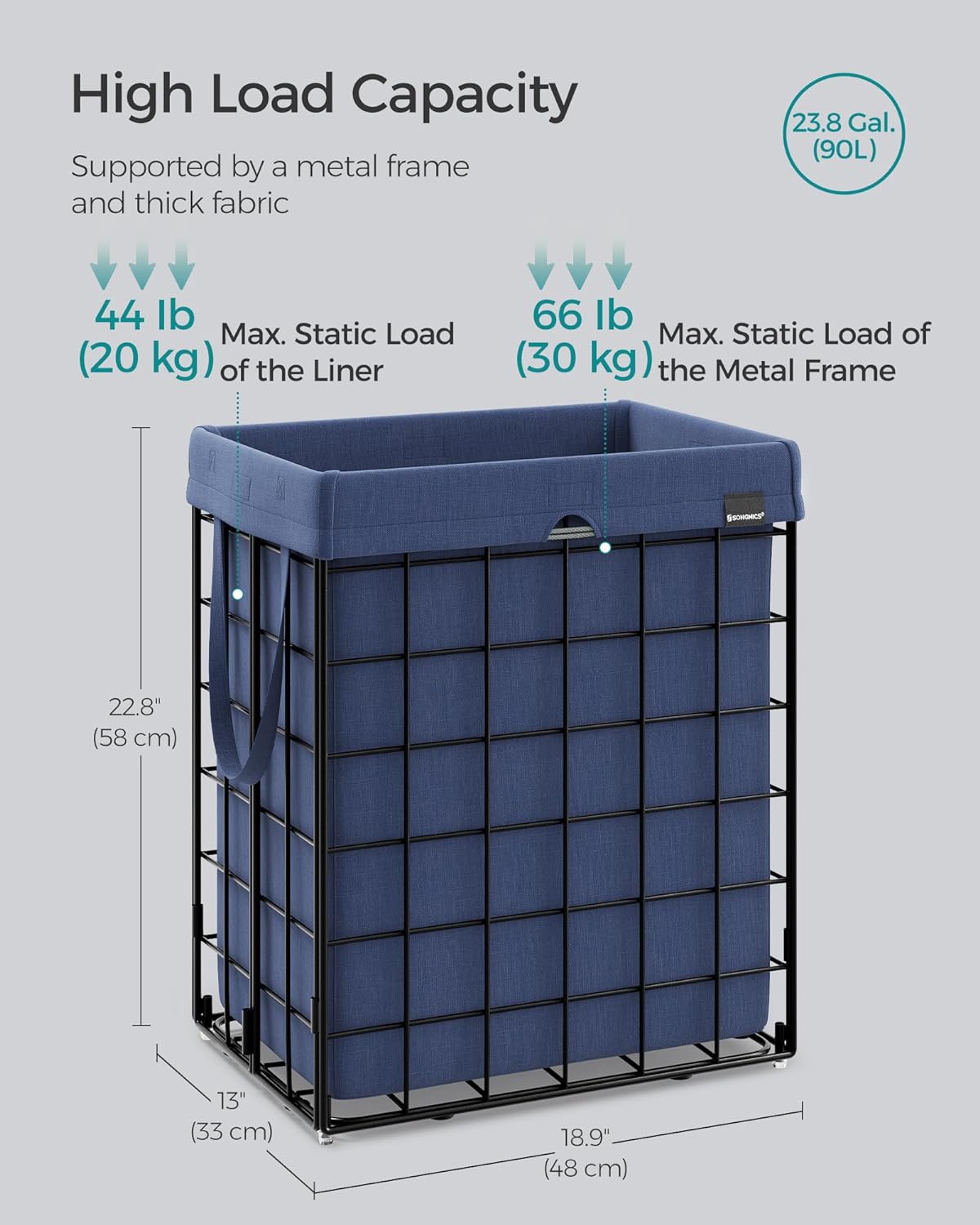 SONGMICS Laundry Hamper, 23.8 Gal. (90L) Laundry Basket, Collapsible Clothes Hamper, Removable and Washable Liner, Metal Wire Frame, for Bedroom Bathroom, Black and Charcoal Blue ULCB190Q01