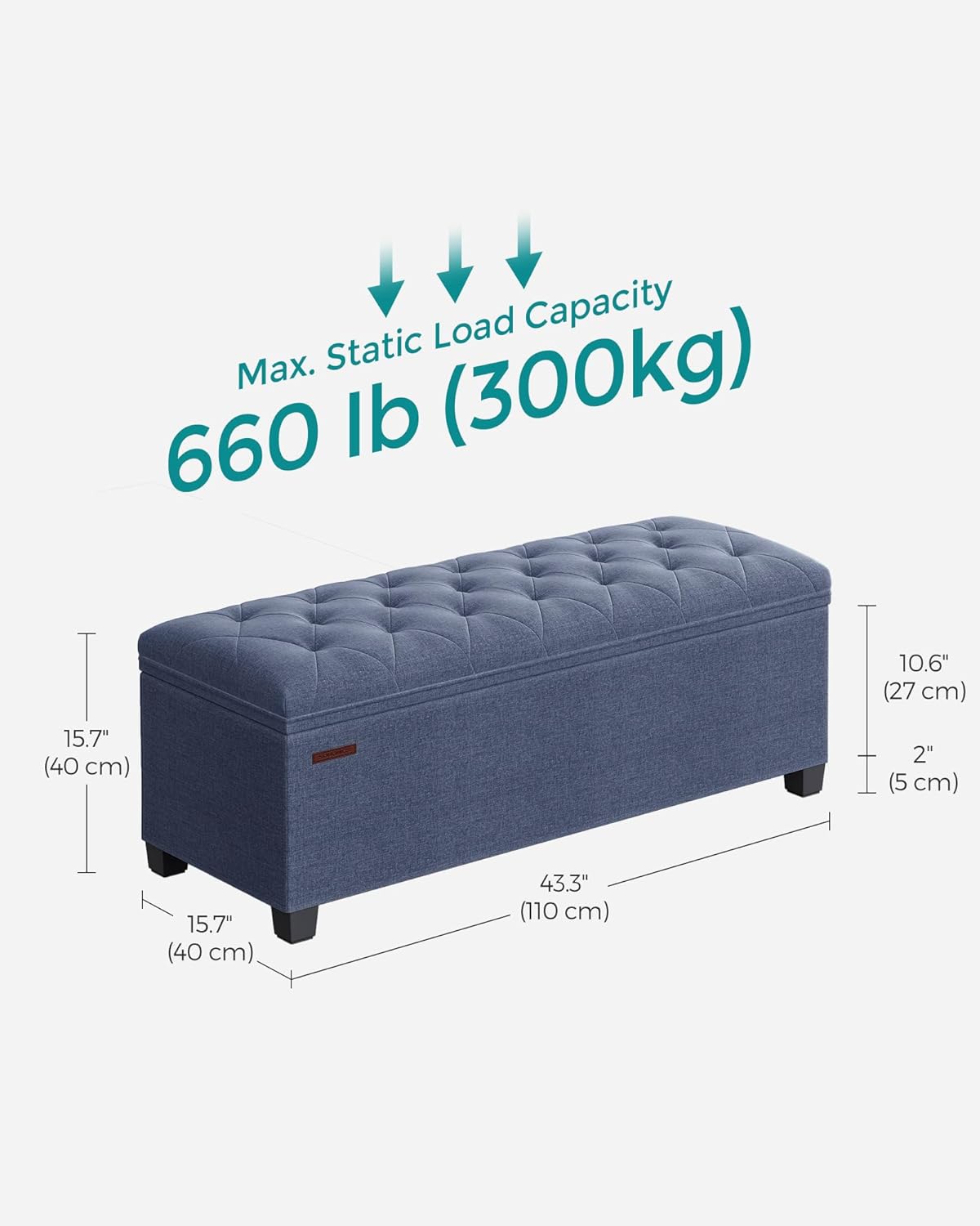SONGMICS Storage Ottoman Bench, Foot Rest with Legs, 15.7 x 43.3 x 15.7 Inches, End of Bed Bench, Storage Chest, Load up to 660 lb, for Living Room, Bedroom, Entryway, Light Denim Blue ULSF088Q01