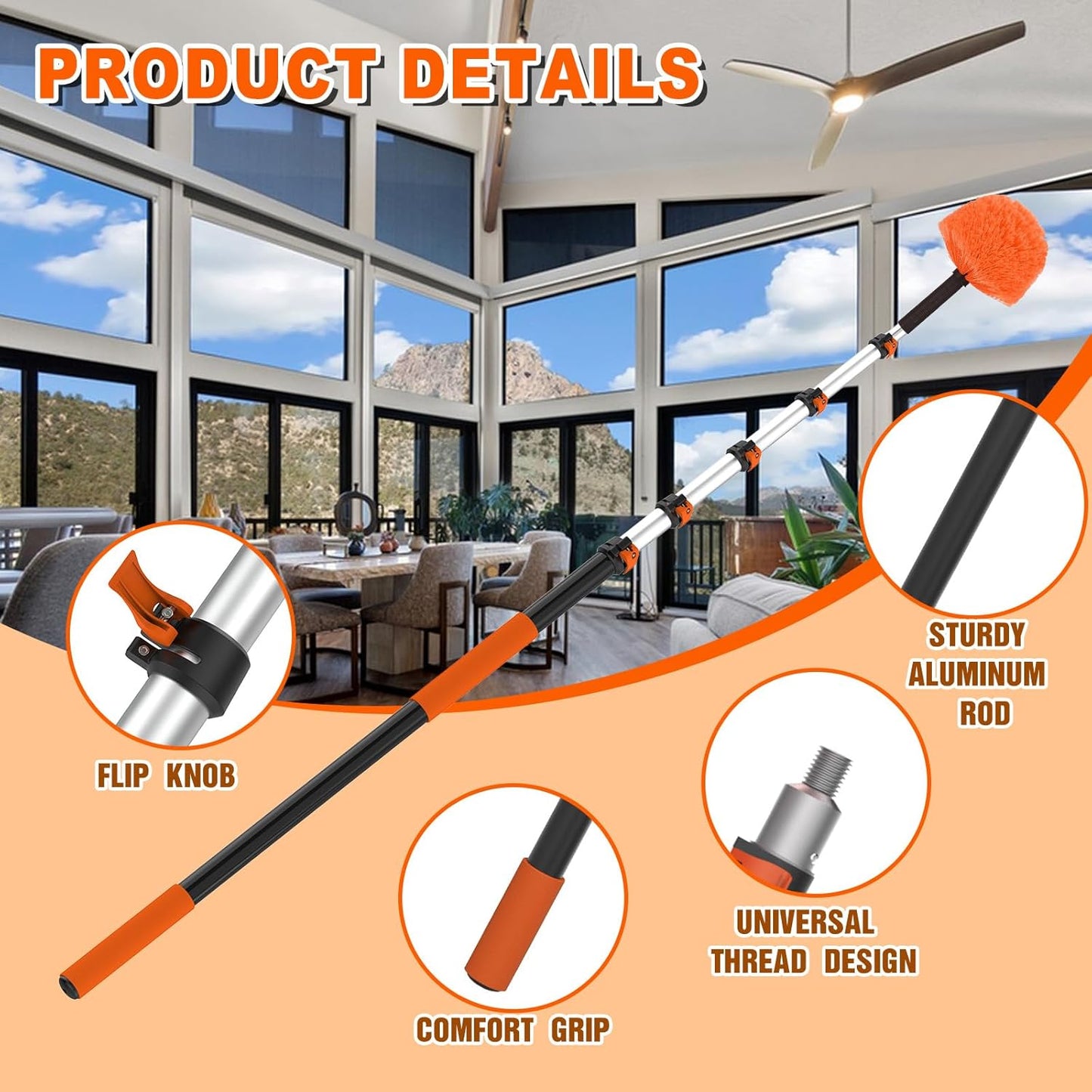 30FT Reach Cobweb Duster with Extension Pole, High Ceiling Long Duster with 5-24FT Telescoping Pole, Spider Web Brush for Indoor Outdoor Use