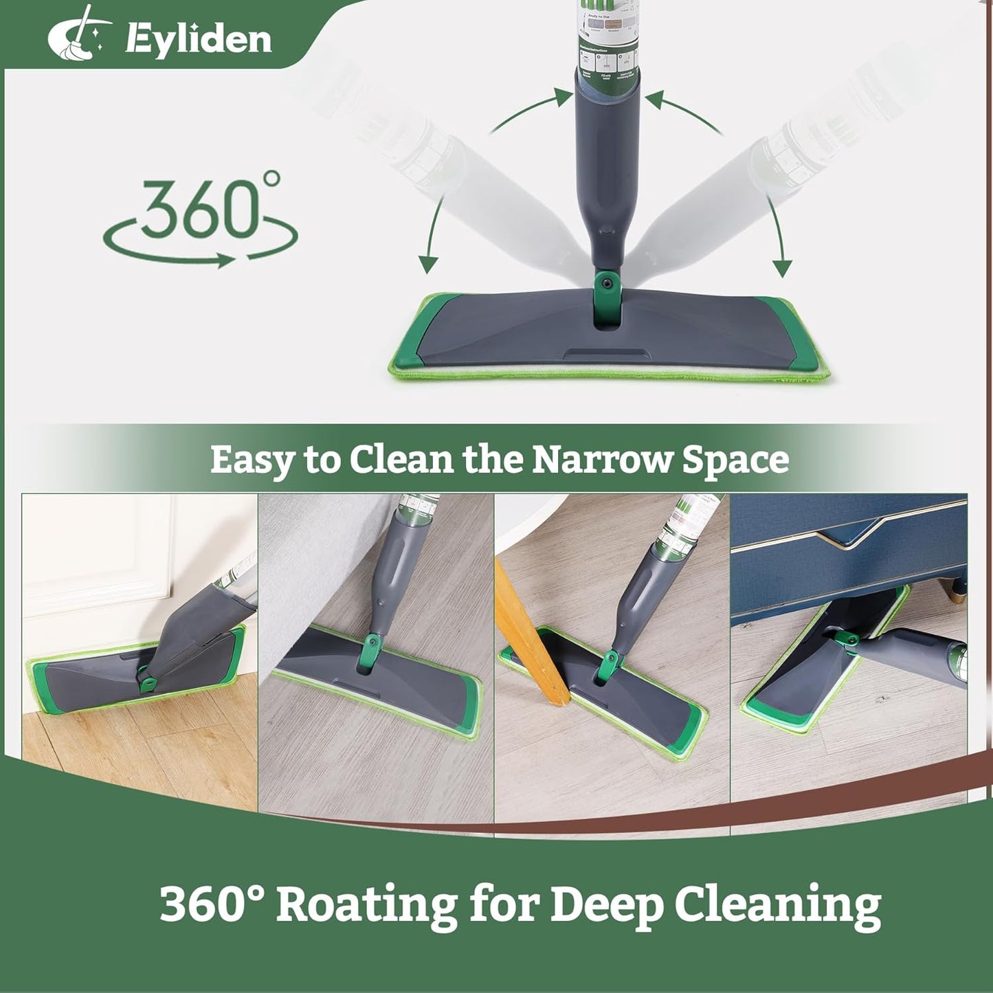 Eyliden Floor Spray Mop with Bio-Enzyme Cleaner Kit | Multi-Surface Cleaner Concentrate, Refillable Mops Safe for All Home, Office Floors Cleaning, 2 Washable Microfiber Pads