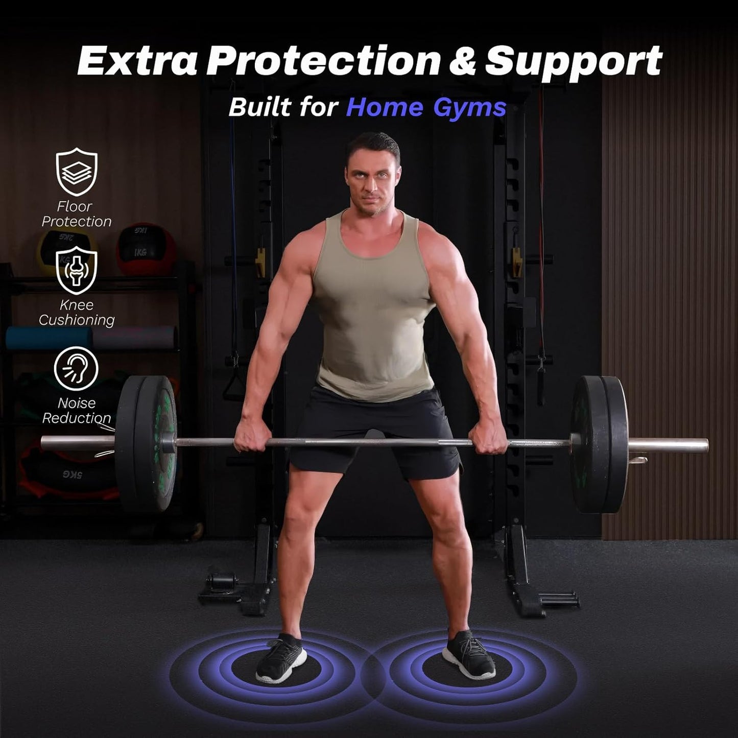 AIRHOP 0.56in Thick 24 Sq Ft Exercise Equipment Mats, 6 Tiles Upgraded Rubber Top with High Density EVA Foam, Large Interlocking Puzzle Gym Flooring for Home Gym, Heavy Weight Workout,Black