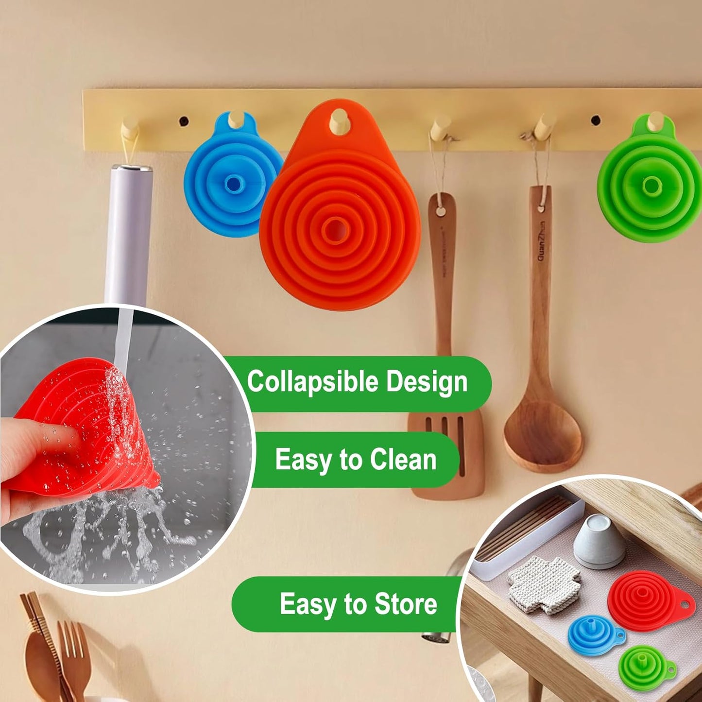 Kitchen Funnel Set of 6, Food Grade Foldable Small and Large Funnel Colorful Silicone Collapsible Funnels Flexible Funnels for Kitchen Use Filling Bottles Liquid Transfer Kitchen Gadgets Accessories