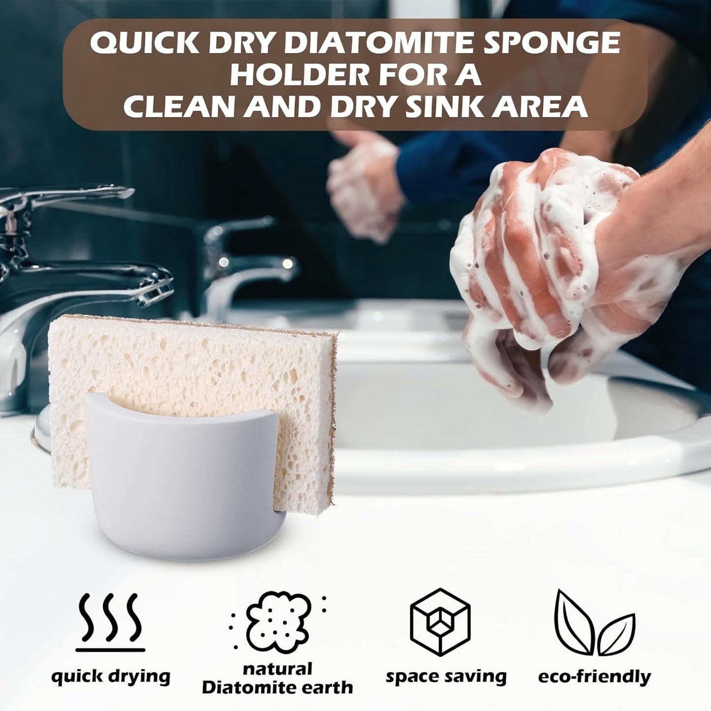 Geelin 2 Pack Diatomite Stone Sponge Holder for Kitchen Sink Absorbent Sponge Drying Rack Dish Organizer Kitchen Accessories Sink Tray(Grey)