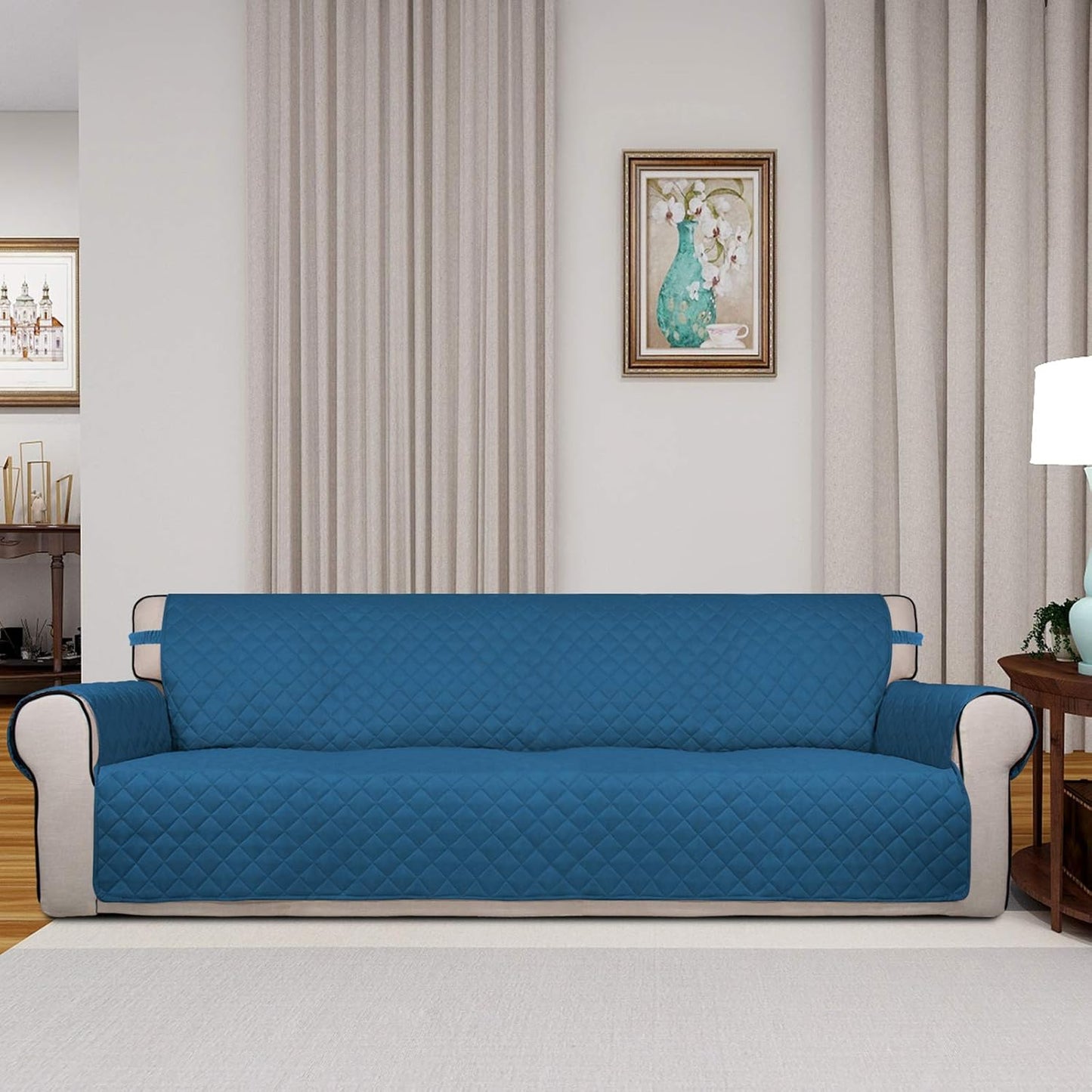 PureFit Reversible Quilted Sofa Cover, Water Resistant Slipcover Furniture Protector, Washable Couch Cover with Non Slip and Elastic Straps for Kids, Dogs, Pets (XX Large, Peacock Blue/Beige)