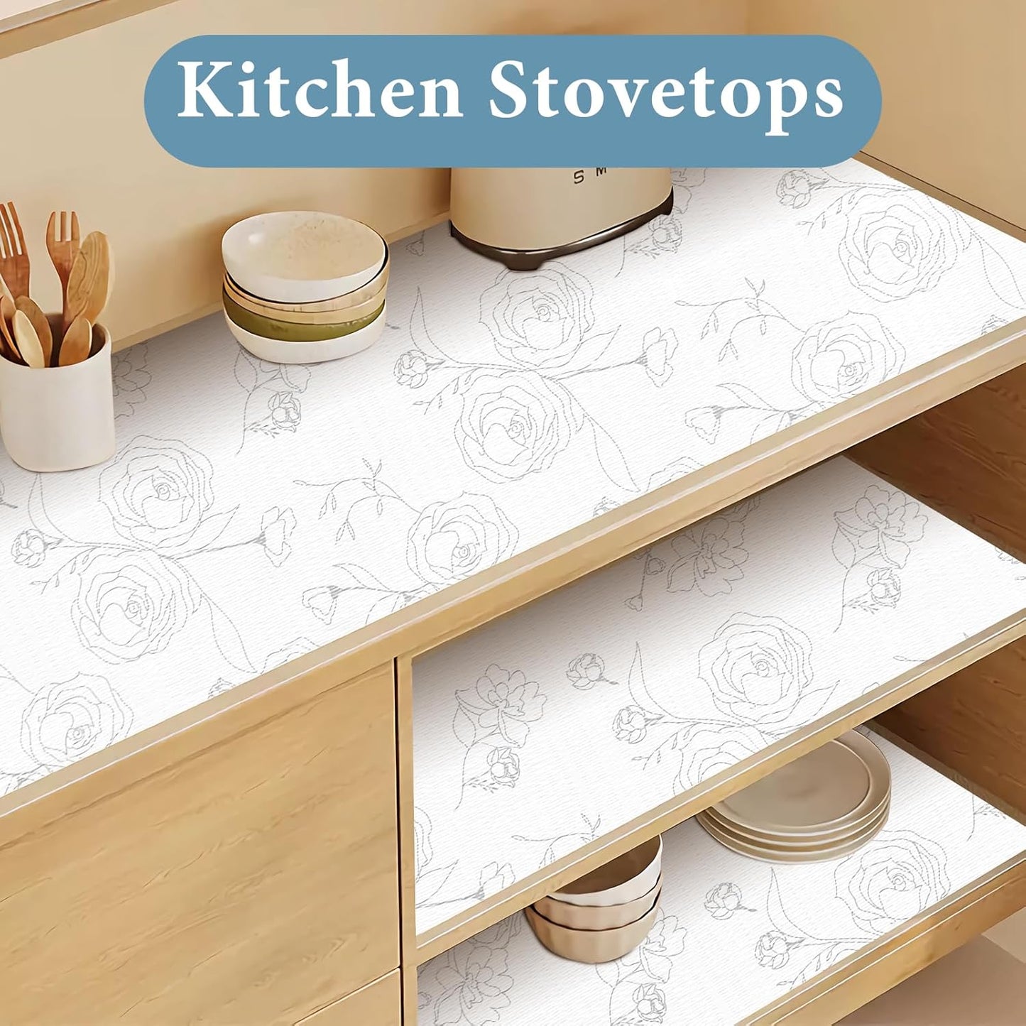 Shelf Liners for Kitchen Cabinets 17in x 30FT Non Adhesive Drawer Liner Sliver Floral Thickened Shelf Liner Paper Strong Non-Slip Easy to Clean for Tool Box Refrigerator with Knife and Tape Measure