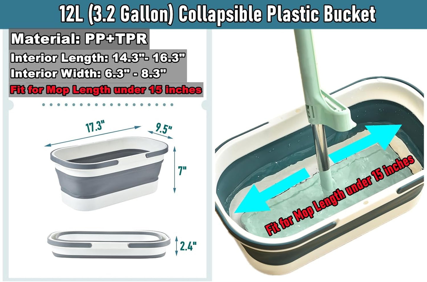 Collapsible Mop Wash Basin Bucket with Handle and Wheels, 12L (3.2 Gallon) Portable Plastic Basket Crate Tub for Storage Organization, Foldable Water Bin Container for Cleaning, Car Washing, Blue