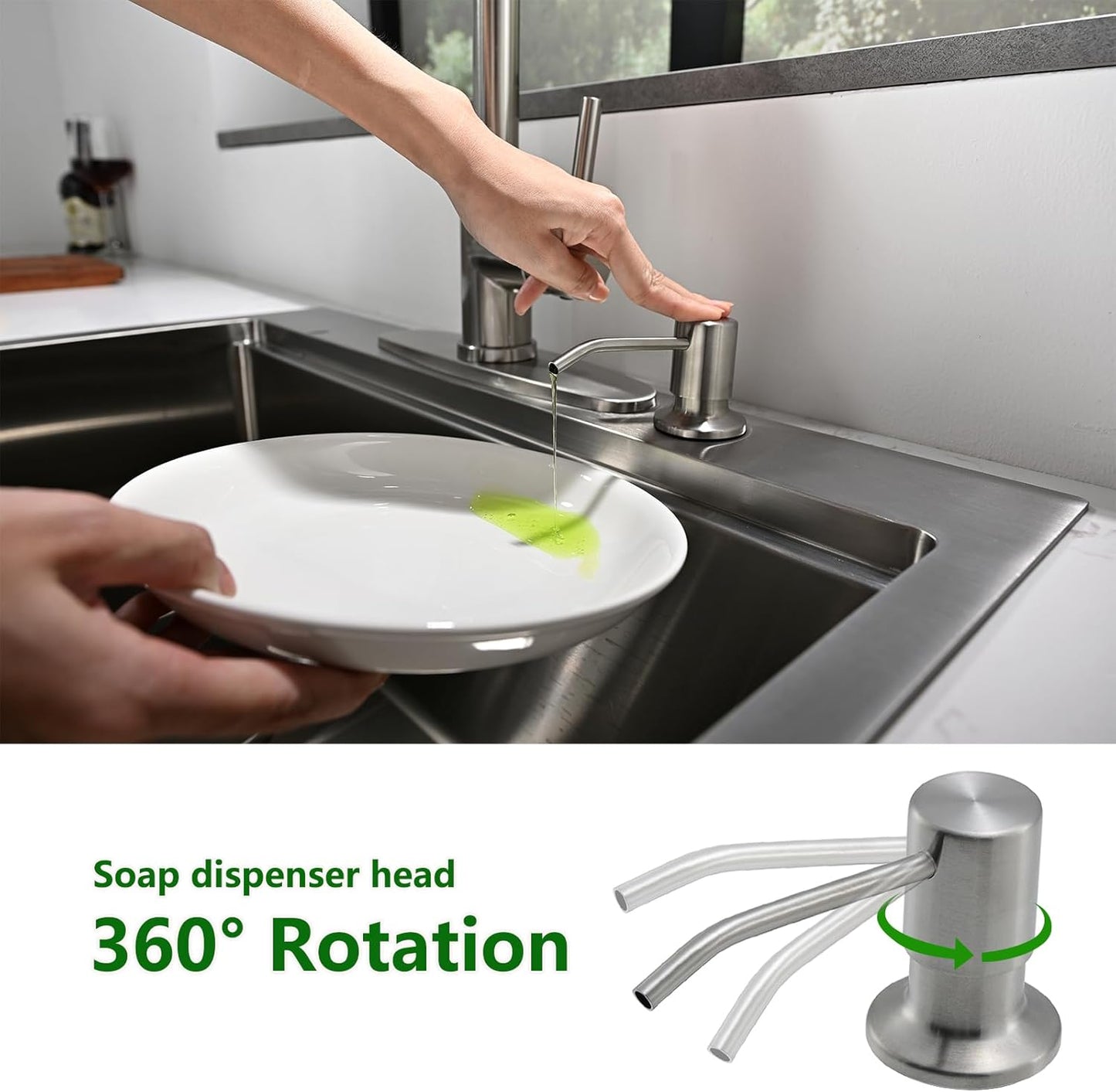 Built in Soap Dispenser for Kitchen Sink, Stainless Steel Brushed Nickel Countertop Pump Head, Dish Soap Hand Lotion Dispenser with Refillable 16.9oz Bottle