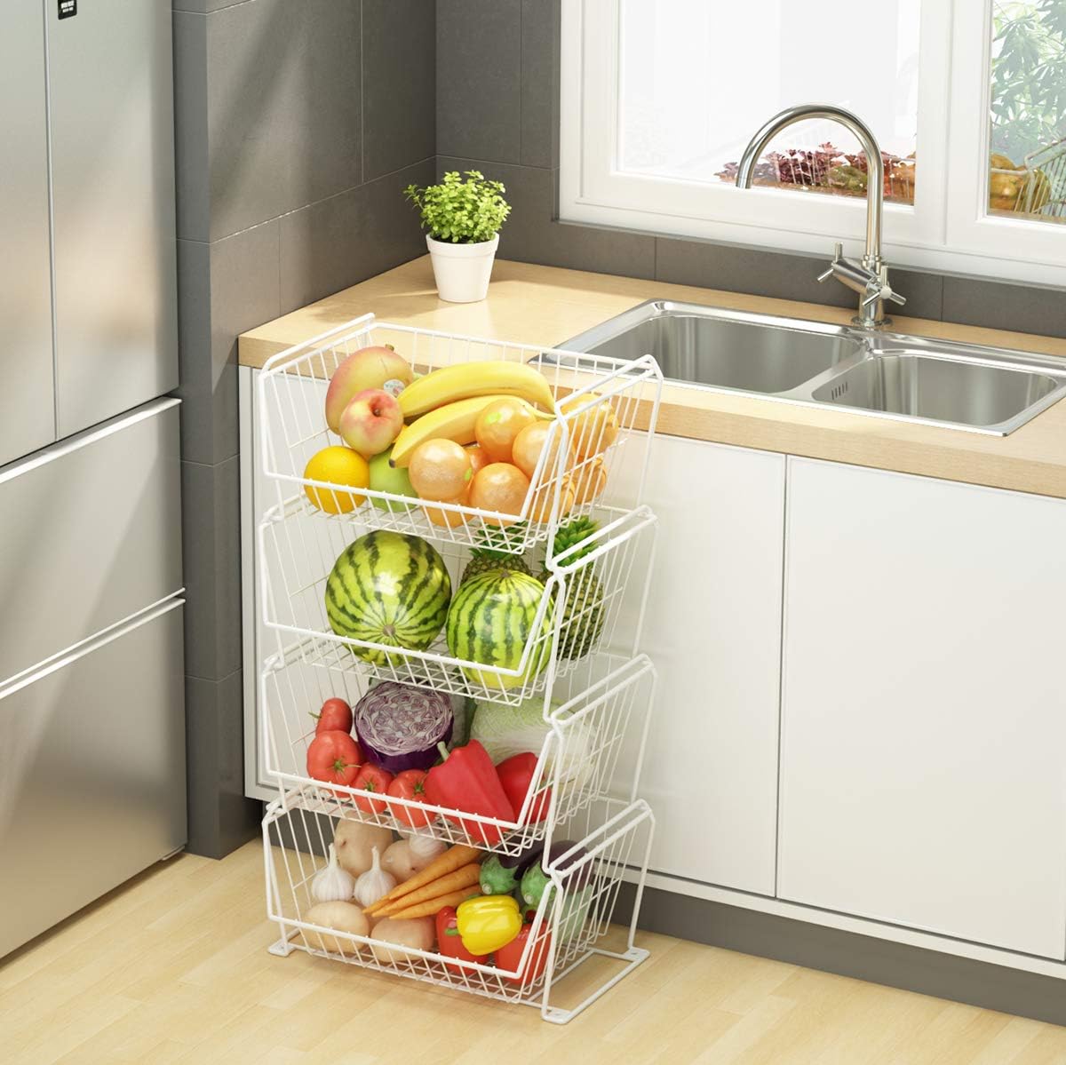 PUSDON Stackable Metal Storage Carts, Dual Use Shelf for Kitchen Fruit Vegetable Baskets with Wheels, Storage Rack for Living Room, Home & Office, Plus White 4 Tiers