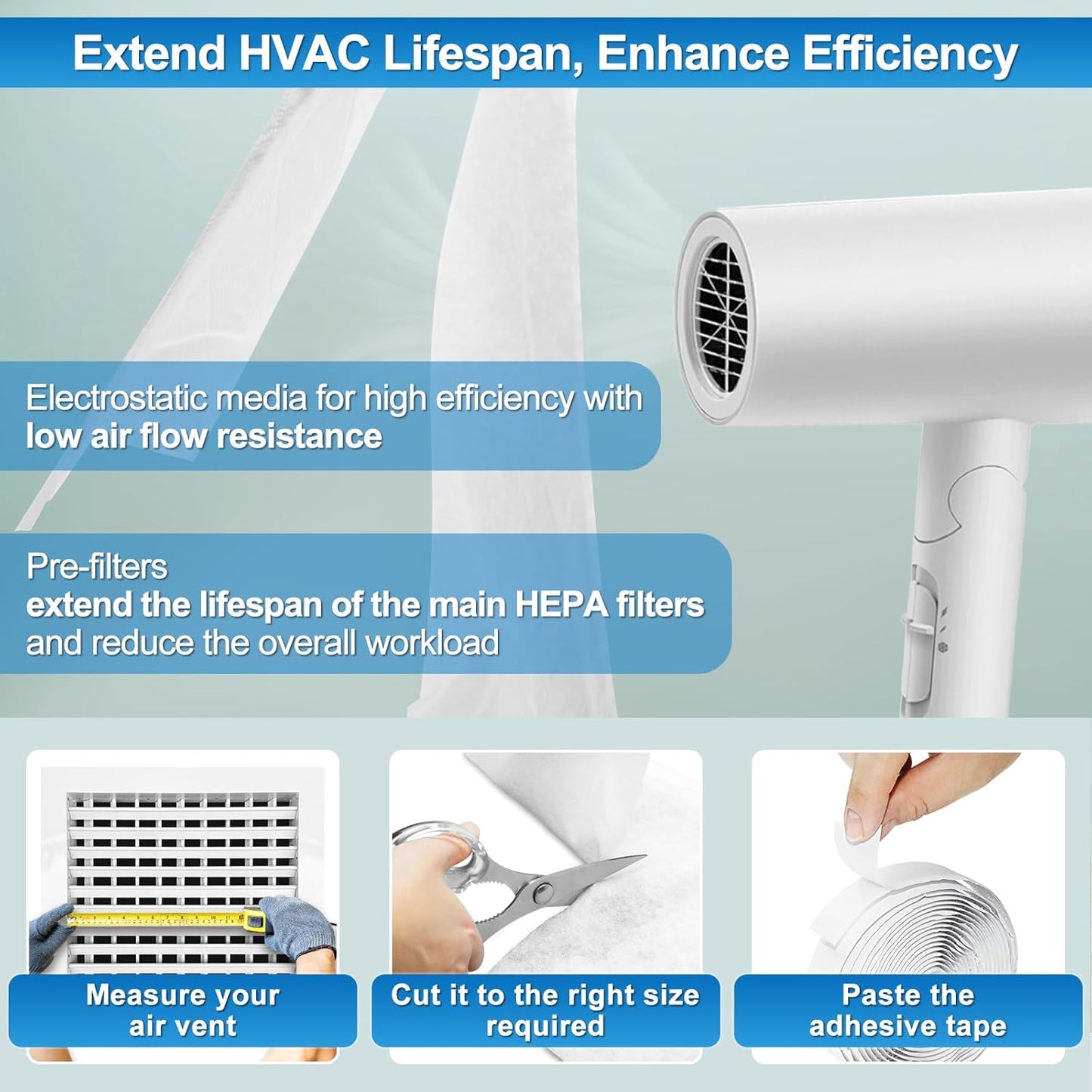 UCINNOVATE MERV 13 Filter Media 20"x90", 2 Pack 12.5 Ft² Cut to Fit Electrostatic Air Filters with 125" Tape, Reduce Dust, Pollen and Pet Dander(0.3 Microns) for HVAC AC Vent Purifiers Home Ceiling