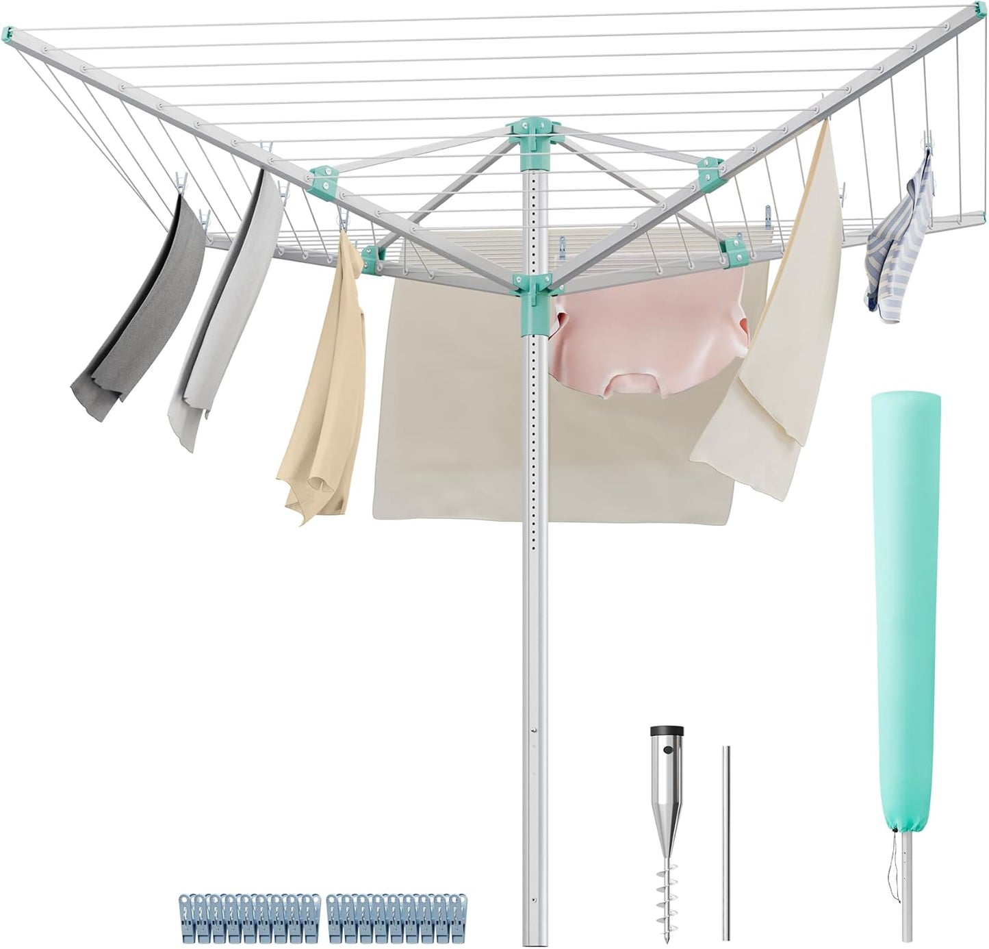 SONGMICS Umbrella Drying Rack, Retractable Outdoor Drying Rack, Height Adjustable, 164 ft Long Clothesline, Holds 5 Laundry Loads, for Garden, with Ground Spike, Cover, Silver and Green ULLR301E01